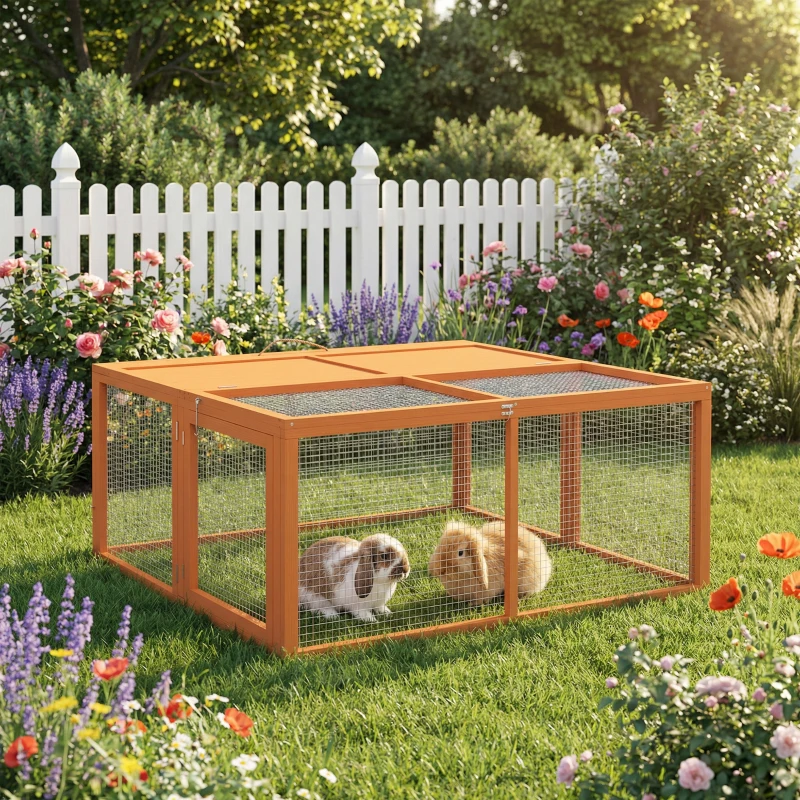 PawHut Cușcă pliabilă de exterior pentru 2-3 rozătoare, cu multiple intrări, din lemn și oțel, 110x105x50 cm, portocaliu
