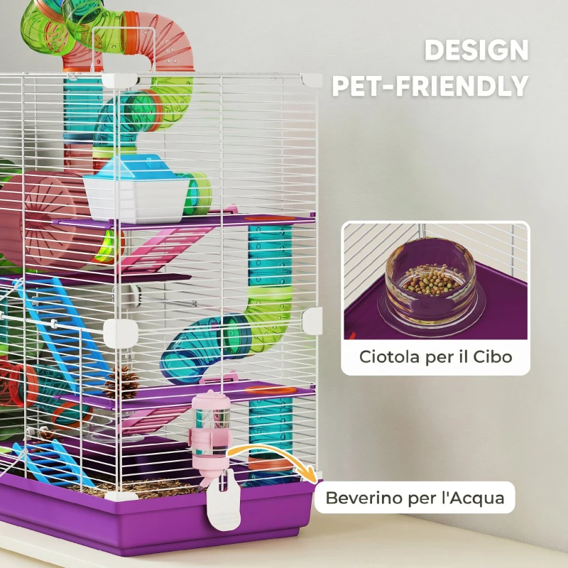 PawHut Gabbia per Criceti a 5 Livelli con Tubi, Ruota, Scale, Casetta e Bottiglia, 46x30x58 cm, Viola