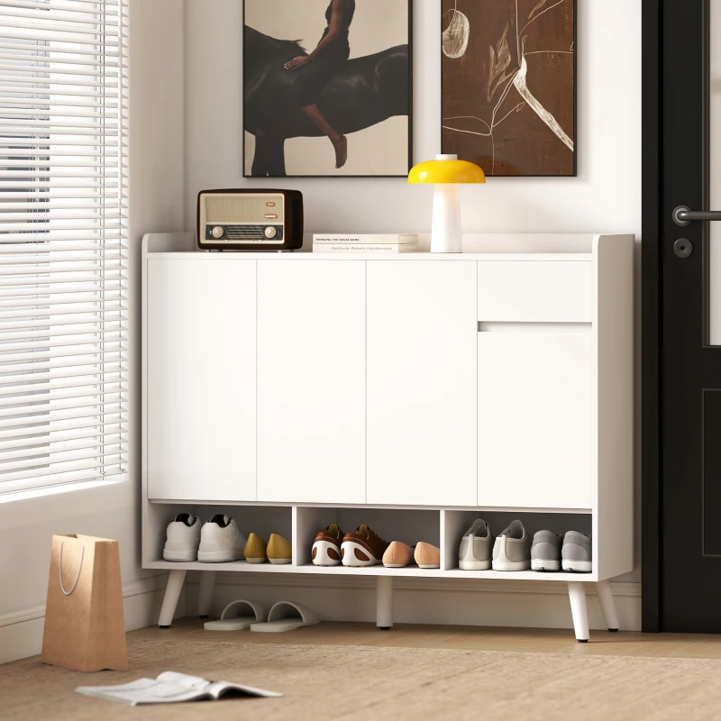 HOMCOM Schuhschrank mit grifflosem Design, 4 Türen, 4 verstellbare Regale, freistehendes Schuhregal mit 5 Holzbeinen, Holz, Weiß