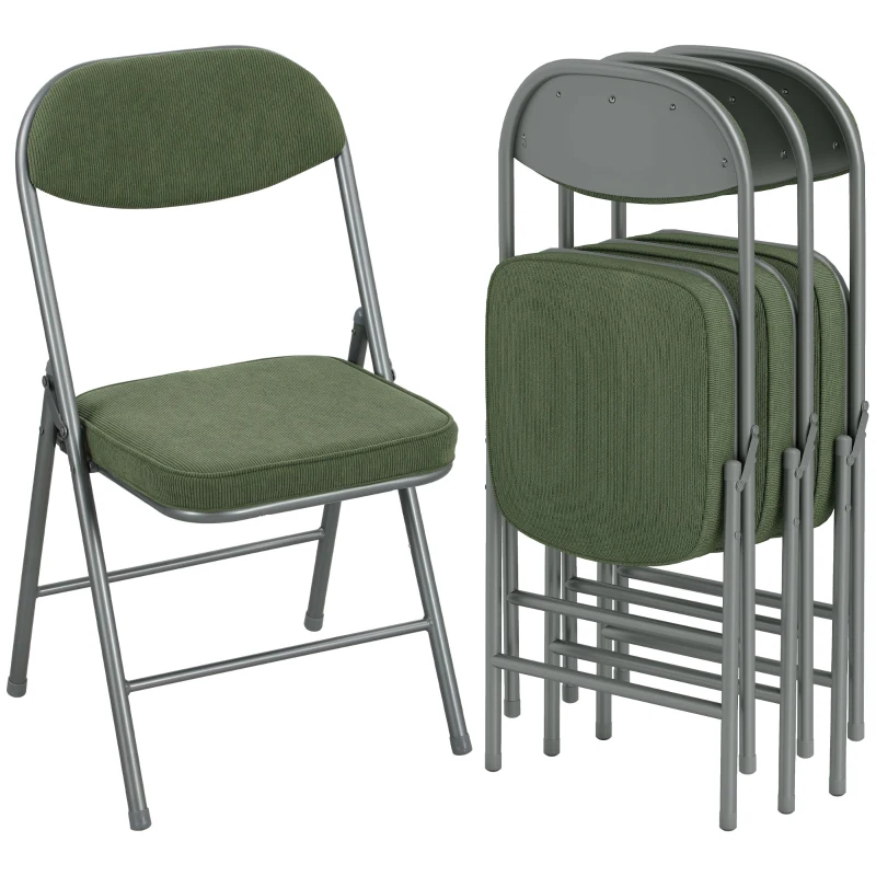 HOMCOM 4er-Set gepolsterte Klappstühle, Faltbare Stühle mit Cordbezug, Rückenlehne, Metallrahmen, Grün