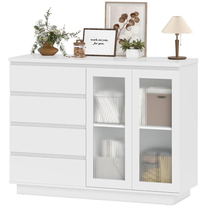 HOMCOM Buffetschrank, Sideboard mit 4 Schubladen, 2 Glastüren, modernes Design, MDF, Weiß