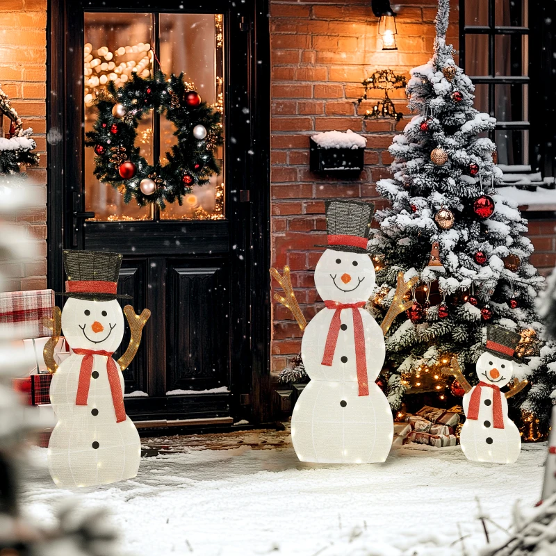 Outsunny 3-teilige weihnachtliche Schneemann-Familie, Außendekoration, LED-Lichter, Bodenpfähle, wasserfest, Stahl, Polyester, Weiß