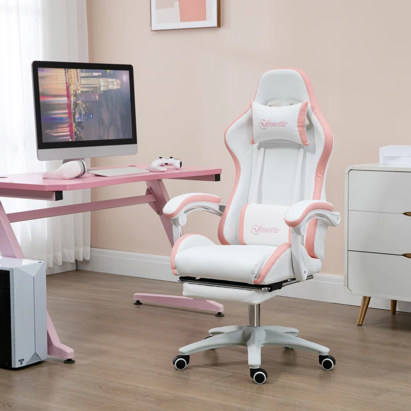 Vinsetto Sedia da Gaming con Altezza Regolabile e Schienale Reclinabile, 65x65x121-129 cm, Bianco e Rosa