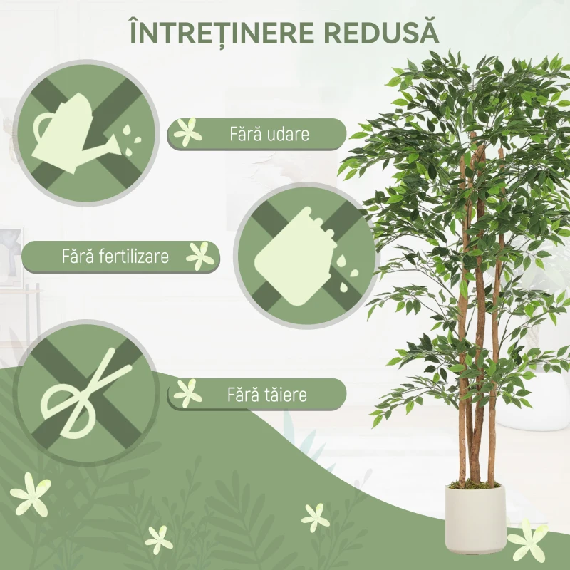 HOMCOM Plantă Artificială Ficus Banyan din Peva și Lemn, cu Ramuri Flexibile și Ghiveci din PP și Ciment, Verde