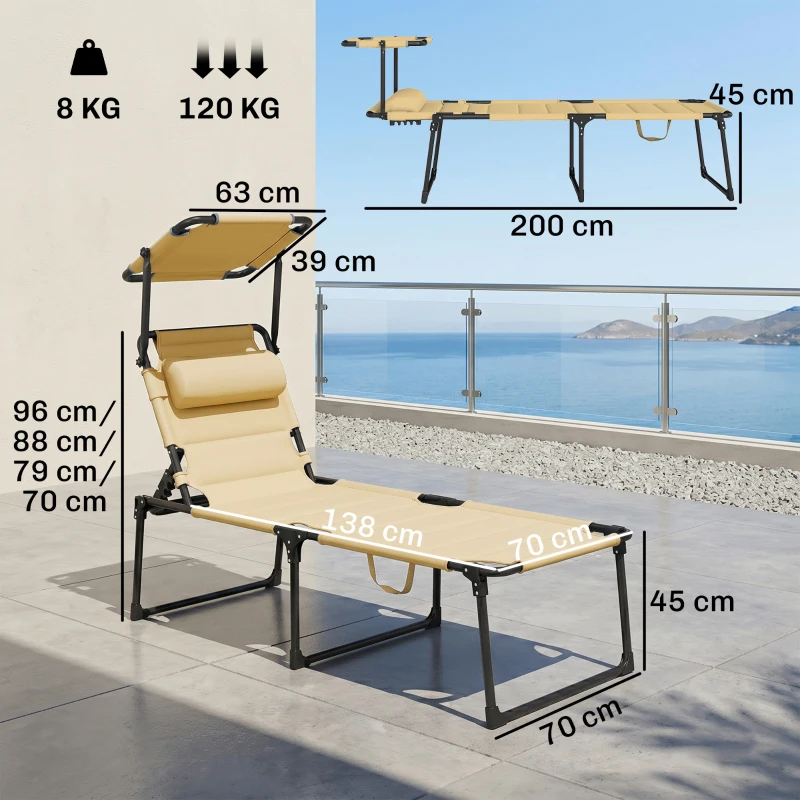 Outsunny Tumbona de Jardín con Toldo Ajustable Respaldo Regulable en 4 Niveles Reposacabezas para Terraza 70x200x45 cm Crema