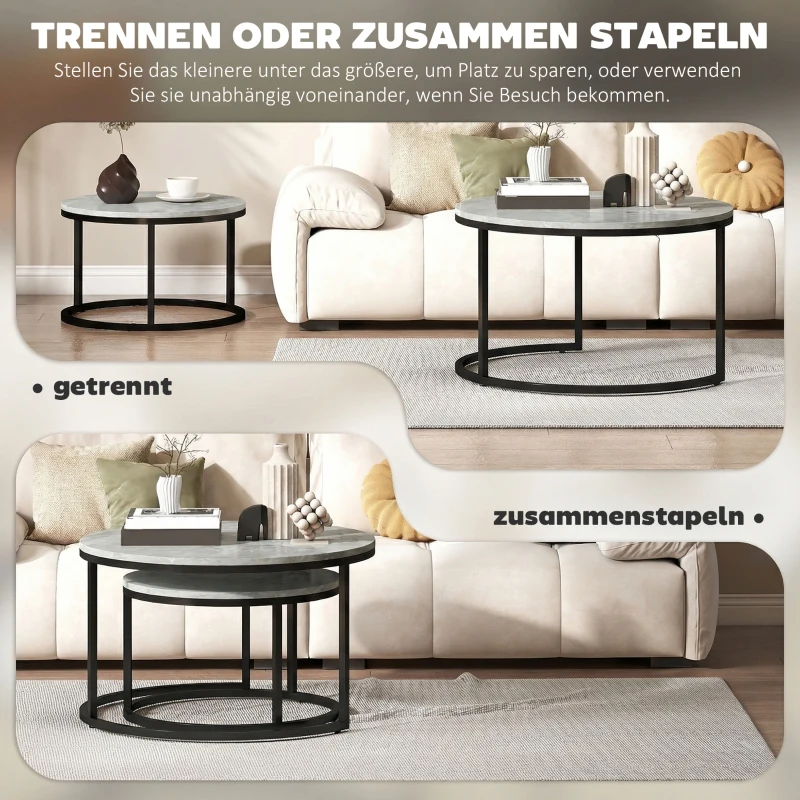 HOMCOM Modernes Kaffeetisch 2er-Set, Stapelbare Beistelltische mit Metallgestell für Wohnzimmer, Schlafzimmer, Büro, Grau