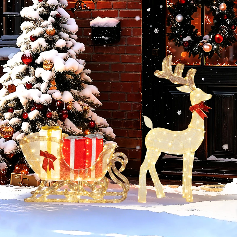 Outsunny Beleuchtetes Weihnachtsrentier mit Schlitten, warmweiße LEDs, Stahlrahmen, wasserfest, Goldfarben