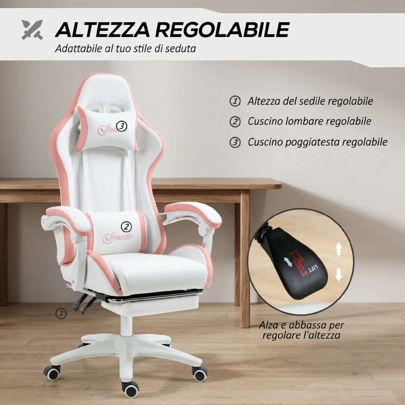 Vinsetto Sedia da Gaming con Altezza Regolabile e Schienale Reclinabile, 65x65x121-129 cm, Bianco e Rosa