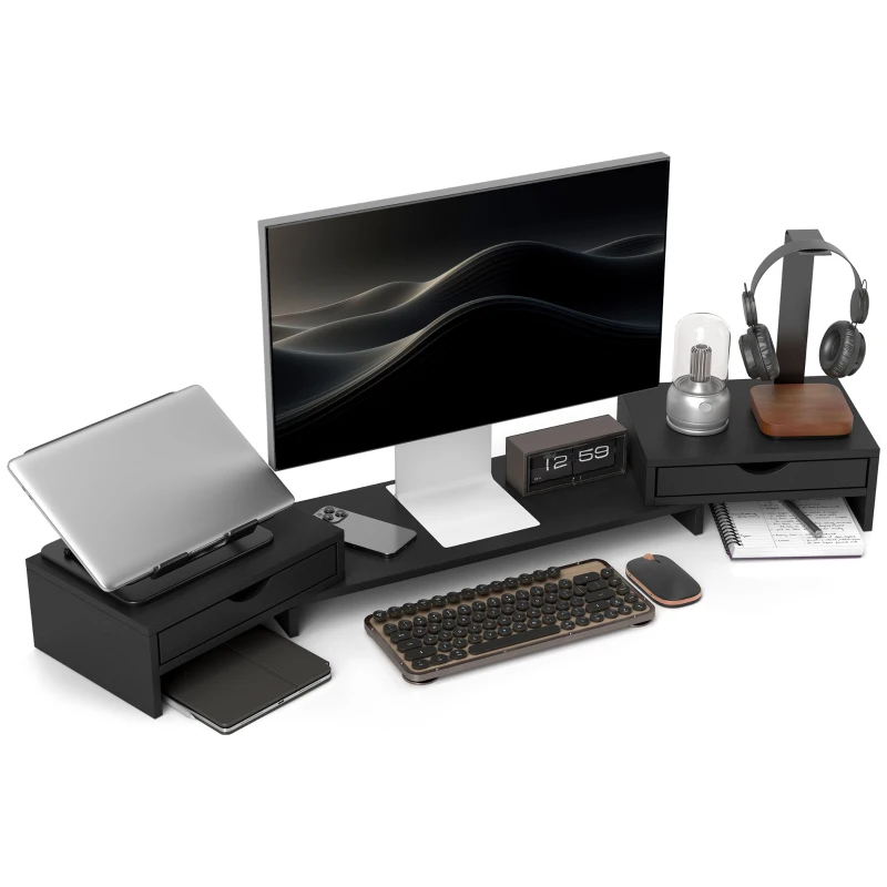 HOMCOM Înălțător pentru ecran PC birou suport de monitor 60-116 cm cu 2 sertare, lungime și unghi reglabile