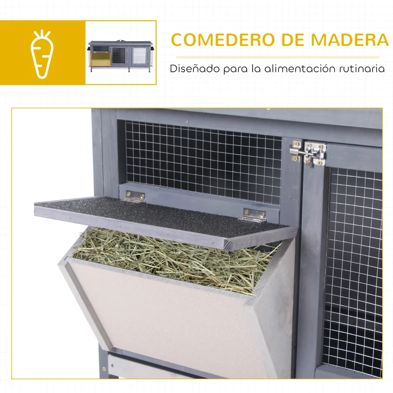 PawHut Jaula para Conejos con Techo Asfáltico Abatible Puertas con Pestillo Bandejas Extraíbles y Comedero 112x50x54 cm Gris