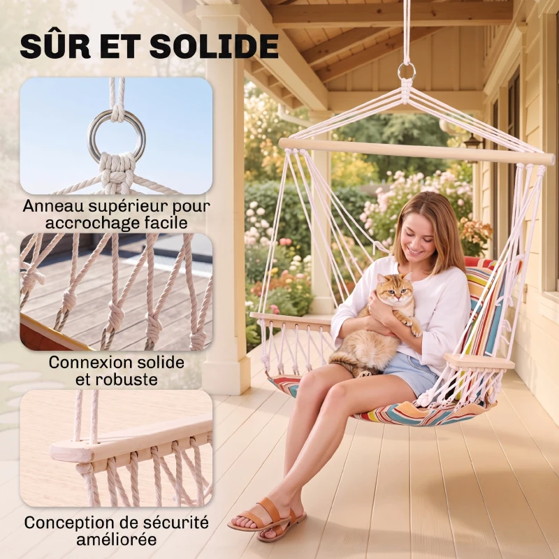 Outsunny Chaise suspendue hamac de voyage respirant portable 100 x 106 cm coton macramé polyester multicolore rayé