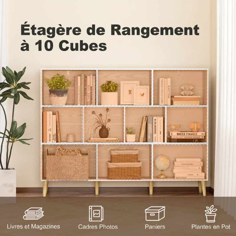 HOMCOM Bibliothèque à 3 Niveaux avec 10 Compartiments, Étagère de Rangement avec Pieds en Bois Massif, Effet Bois Blanc