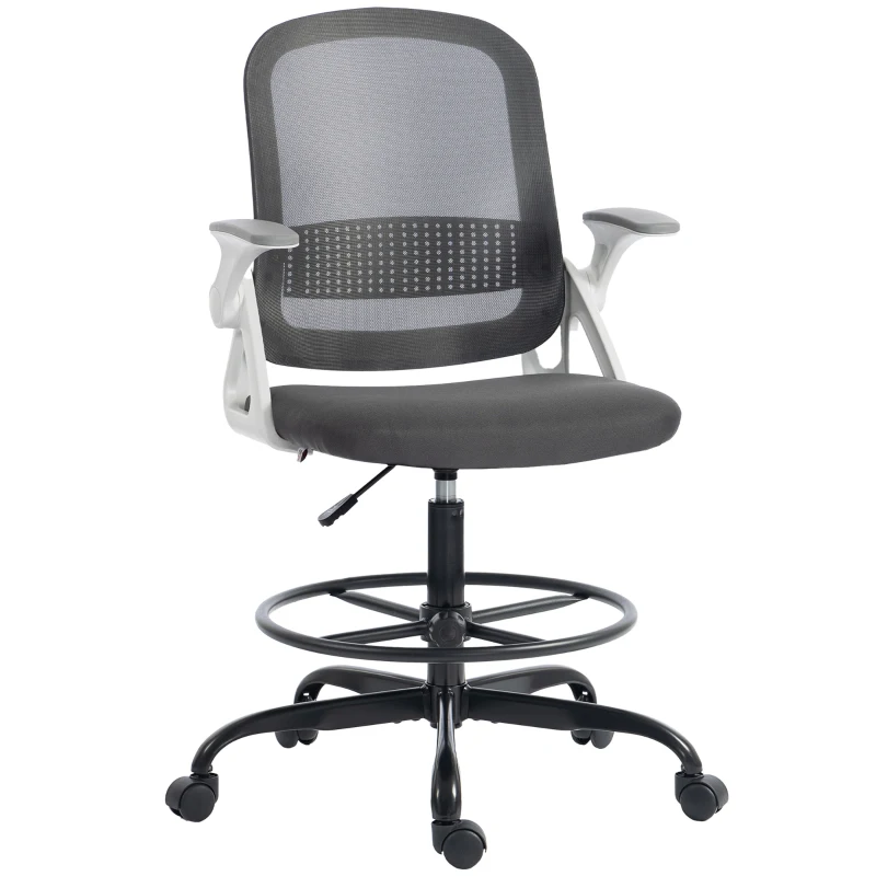 HOMCOM Silla de Escritorio de Malla Silla de Dibujo con Reposabrazos Abatibles Altura Ajustable Reposapiés Gris