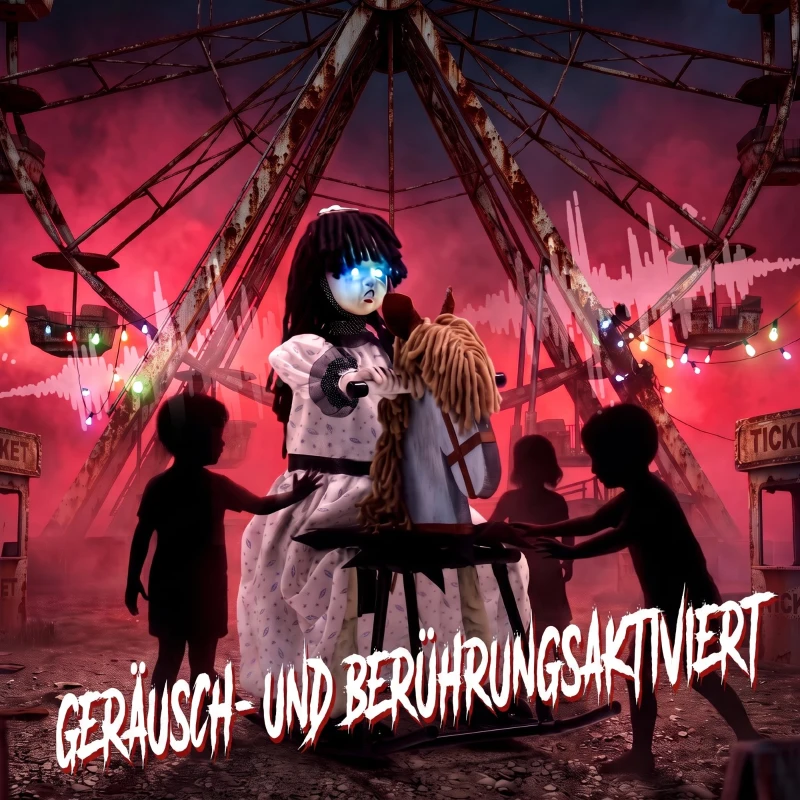 HOMCOM Animiertes Halloween-Mädchen auf Schaukelpferd mit gruseligen Reimen, leuchtenden Augen und Sound-/Touch-Aktivierung