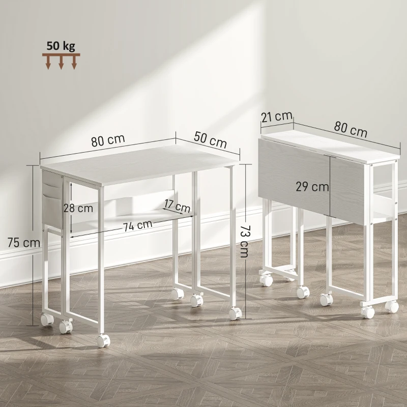 HOMCOM Escritorio Plegable con Ruedas Balda y Bolsillo de Almacenaje Ideal para Espacios Pequeños 80x50x75 cm Blanco