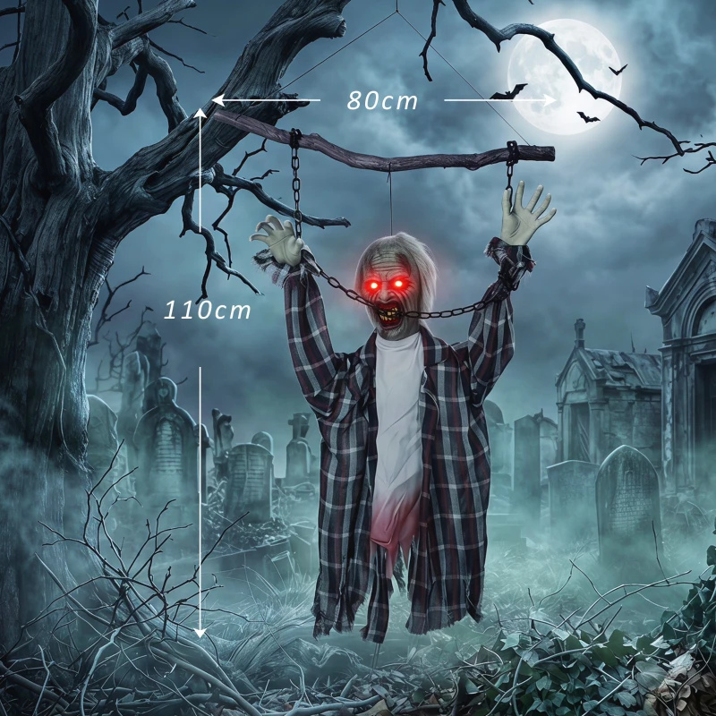 HOMCOM 110 cm animierte hängende Halloween-Deko, schreiender Zombie, Sound- & Berührungsaktivierung, rote LED-Augen