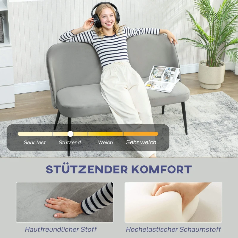 HOMCOM 2-Sitzer-Sofa, moderne Polstercouch mit Metall- und Holzrahmen, samtartiger Stoffbezug, Grau