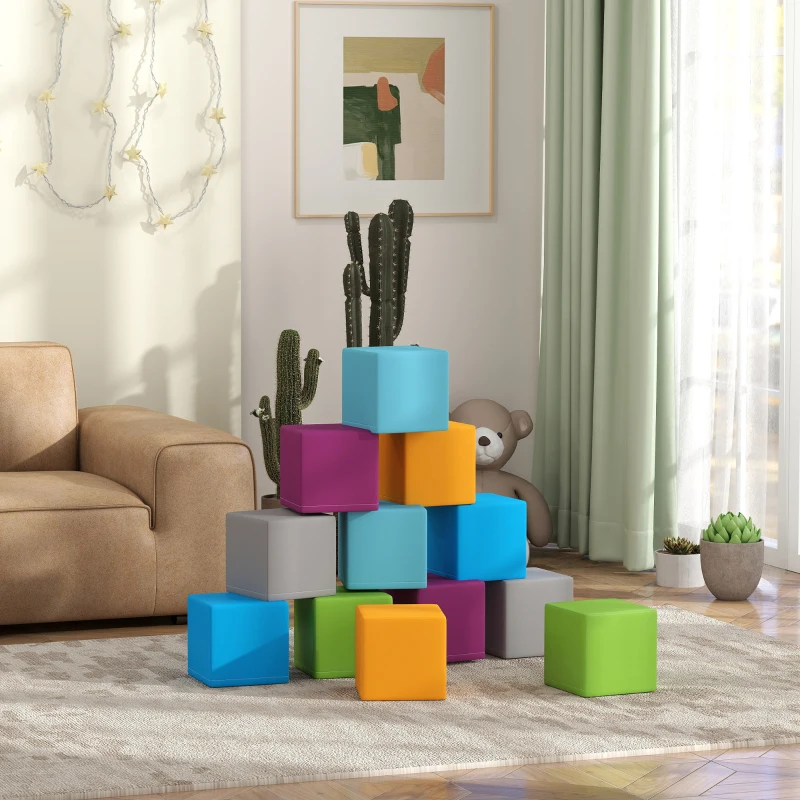 HOMCOM 12 PCs Soft Play Blocks, Soft Foam Toy, Building and Stacking Blocks for Kids, Grey