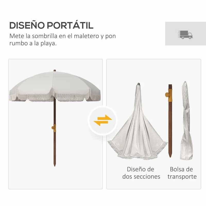 Outsunny Sombrilla de Playa con Flecos Ø190x210 cm con 8 Varillas Apertura Manual Anti-UV Impermeable y Bolsa de Transporte Gris