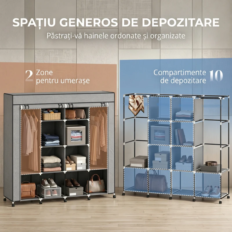 HOMCOM Dulap Textil Portabil in Material Nețesut și Oțel, cu Roți, 10 Compartimente și 2 Bare pentru Umerașe, Gri Închis