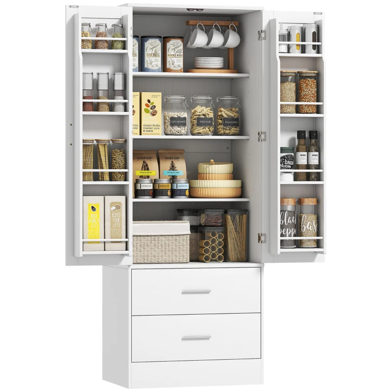 HOMCOM 159 cm Küchenschrank, verstellbare Regale, 2 Schublade, für Küche, Esszimmer, Spanplatte, MDF, Weiß