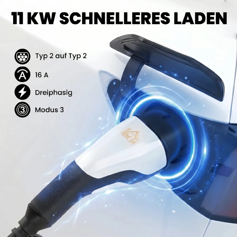 HOMCOM Typ 2 EV-laadkabel, 11 kW, 16 A, Mode 3, 3-fasen, 5 m – Verlengkabel voor elektrische auto's & plug-in hybrides