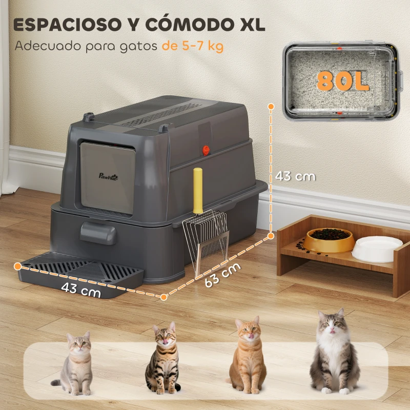 PawHut Arenero para Gatos de Acero Inoxidable XL con Tapa Abatible 180° Laterales Altos Pedal Pala Gris Oscuro