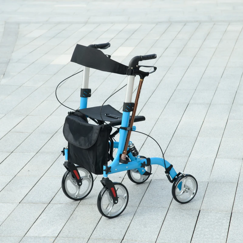 HOMCOM 4 Wheel Rollator with Seat and Back, Lightweight Folding Mobility Walker with Large Wheels, Carry Bag, Adjustable Height, Aluminium Walking Frame with Dual Brakes for Seniors, Blue