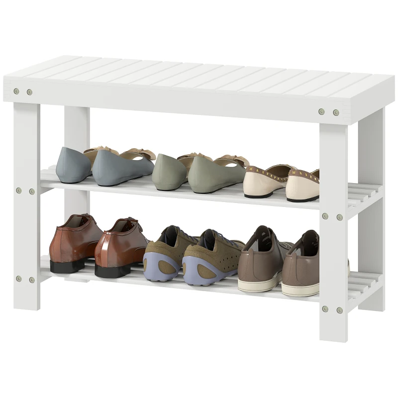 HOMCOM Schuhbank Bambus mit 2 Ablagen, Sitzbank mit Stauraum, für Flur, 70x28x45 cm, Weiß