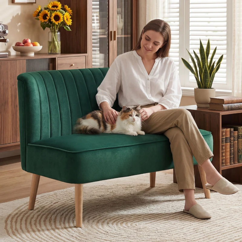 HOMCOM Sofa Retrodesign 2-Sitzer-Sofa, Holzbeine, 117 cm x 56,5 cm x 77 cm, Dunkelgrün