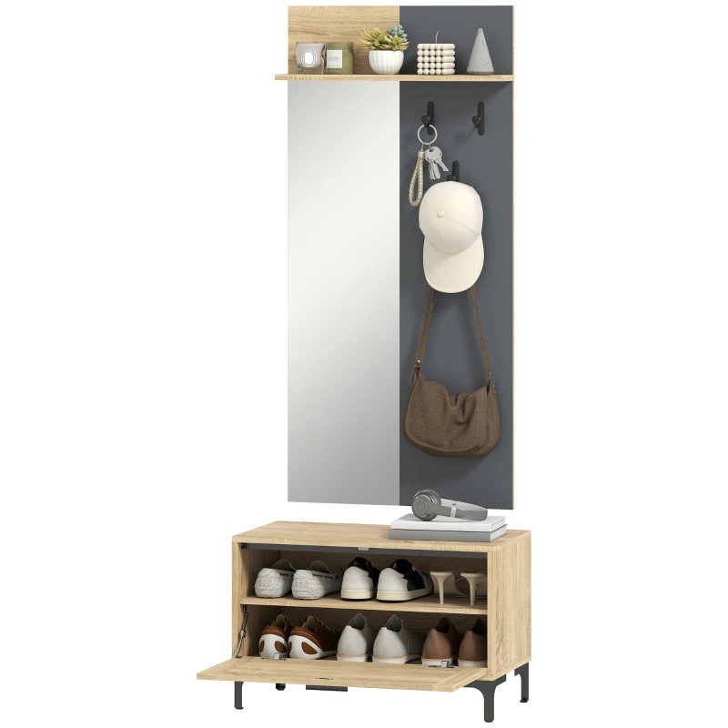 HOMCOM Garderobenset für Eingangsbereich, Schuhbank, Spiegel, 3 Haken, Offenes Regal, Flurmöbel, Naturholz+Grau