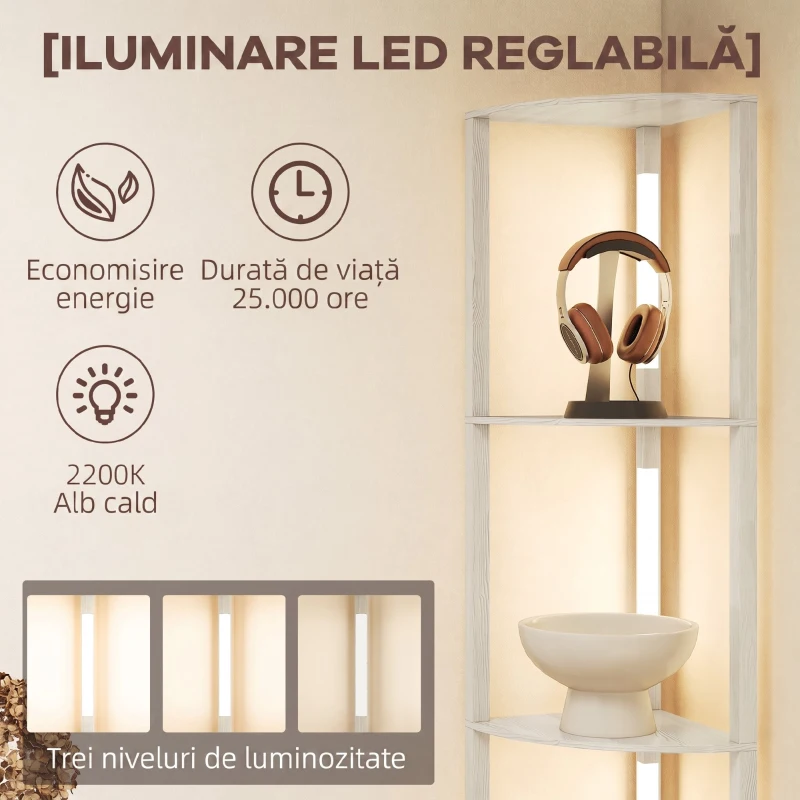 HOMCOM Lampadar Podea LED, 4 Rafturi, Lumină Reglabilă 3000K, MDF, 41x29,5x163,5 cm, Stejar