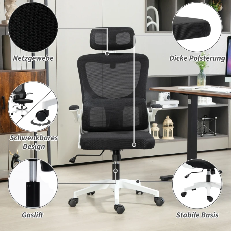 Vinsetto Bürostuhl, höhenverstellbar, verstellbare Kopfstütze, bis 120 kg, 60x59x114-122 cm, Schwarz
