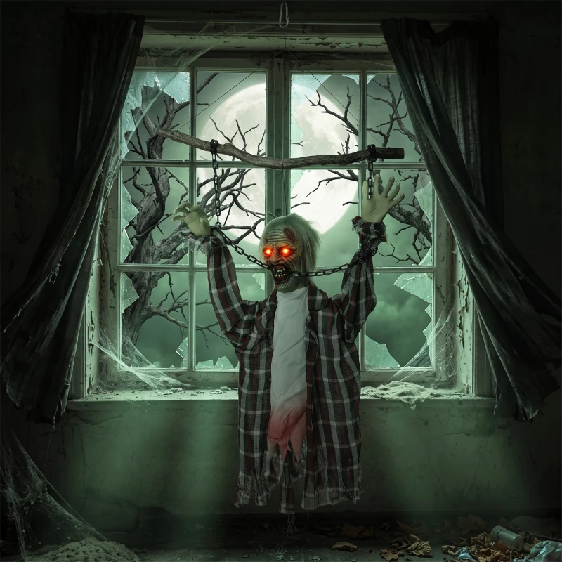 HOMCOM 110 cm animierte hängende Halloween-Deko, schreiender Zombie, Sound- & Berührungsaktivierung, rote LED-Augen