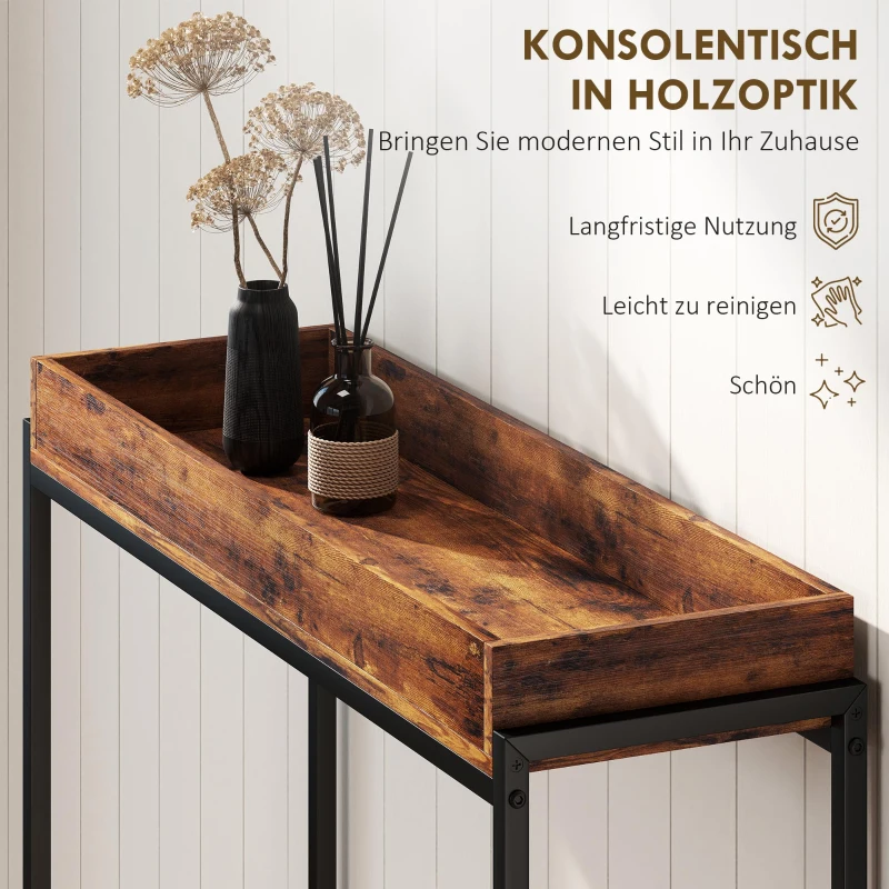 HOMCOM Flurtisch, schmaler Konsolentisch, Metall, Spanplatte, Rustikal-Braun