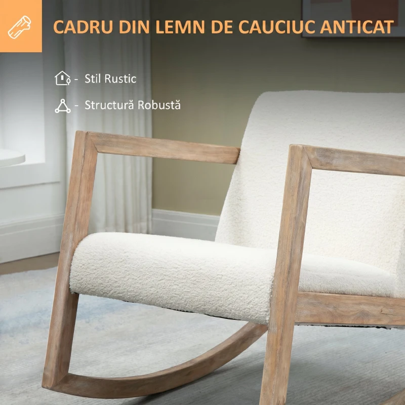 HOMCOM Scaun Balansoar cu Pernuțe pentru Scaun și Spătar, din Lemn, Pluș și Spumă, 60x76x77 cm, Crem
