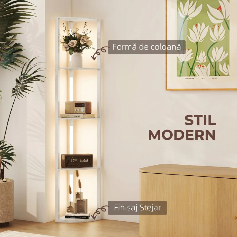 HOMCOM Lampadar Podea LED, 4 Rafturi, Lumină Reglabilă 3000K, MDF, 41x29,5x163,5 cm, Stejar
