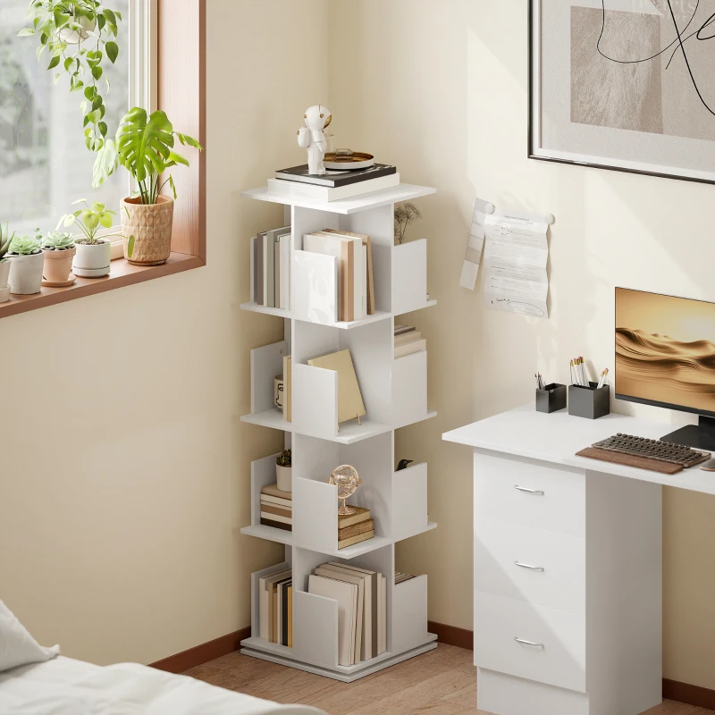 HOMCOM Drehbares Bücherregal mit 4 Ebenen, 16 Fächer, leicht zugänglich, für Schlafzimmer, Wohnzimmer, Arbeitszimmer, Spanplatte, Weiß