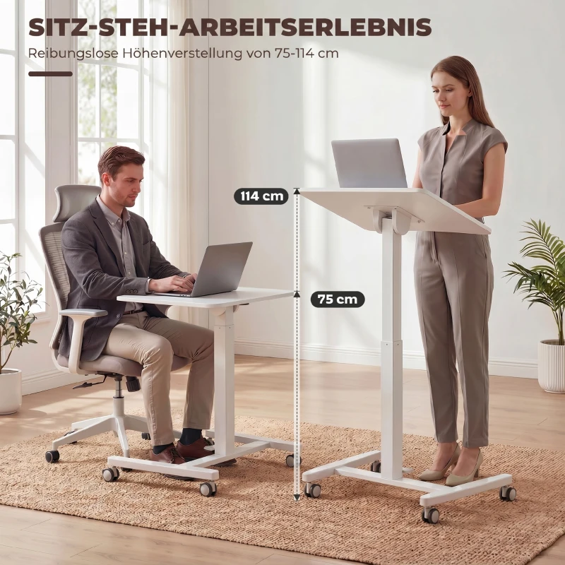 HOMCOM Höhenverstellbarer Stehschreibtisch, Rollbarer Schreibtisch mit neigbarer Tischplatte, Sicherheitsstopper, Rollen, Weiß