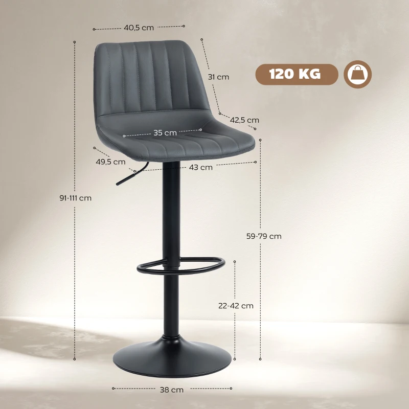 HOMCOM Barhocker 2er-Set im Retrodesign, mit Fußstütze, höhenverstellbar, 43 cm x49,5 cm x 111 cm