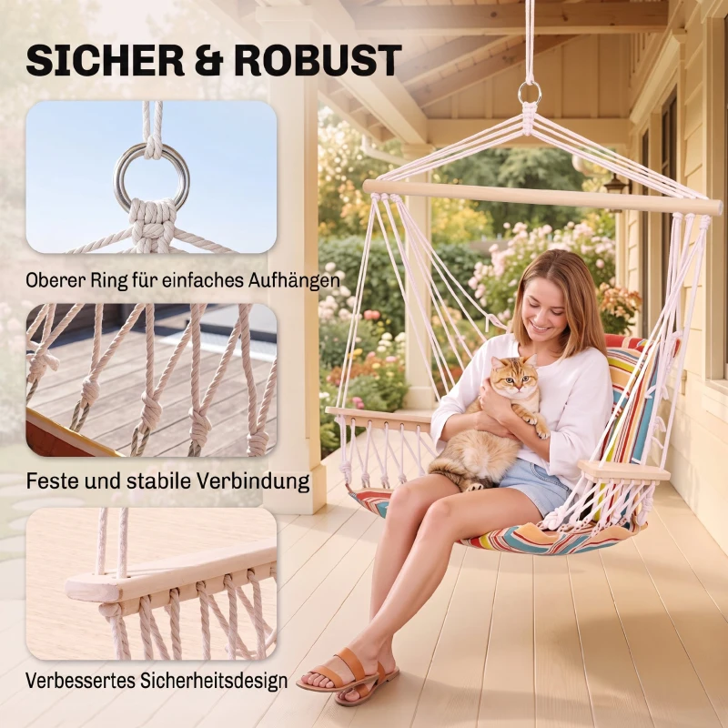 Outsunny Hängesessel Hängeschaukel mit Querstrebe und Kissen Deckenhaken Gestell Hängestuhl bis 100kg belastbar Hängesitz für Indoor Outdoor Garten Terrasse Mehrfarbig