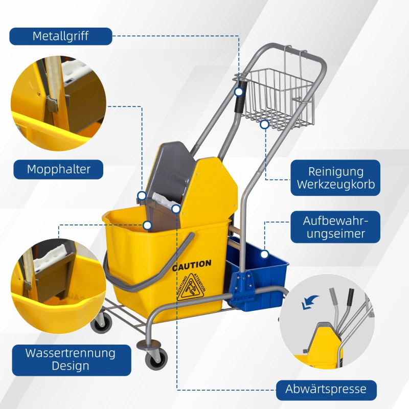 HOMCOM Reinigungswagen, Moppwagen, 25 L Fassungsvermögen, 4 Räder, Kunststoff, Gelb