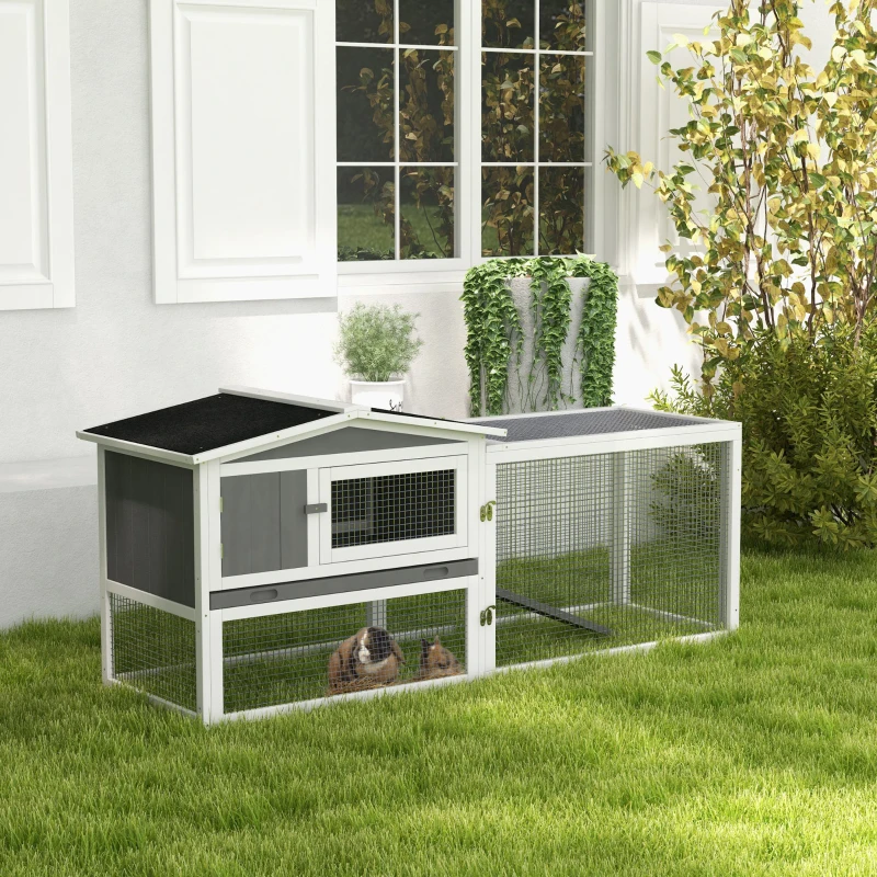 PawHut Rabbit Hutch with Run Wooden Guinea Pig Hutch Outdoor Bunny Cage Hide House with Sliding Tray, Hay Rack, Ramp, 156 x 58 x 68cm, Grey