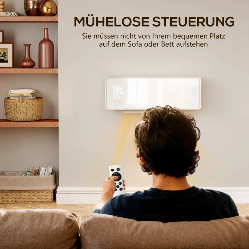 HOMCOM Wandmontierter 2000W Keramik Elektroheizer, Ventilator, Thermostat, Timer, Fernbedienung, Glaspaneel, Weiß