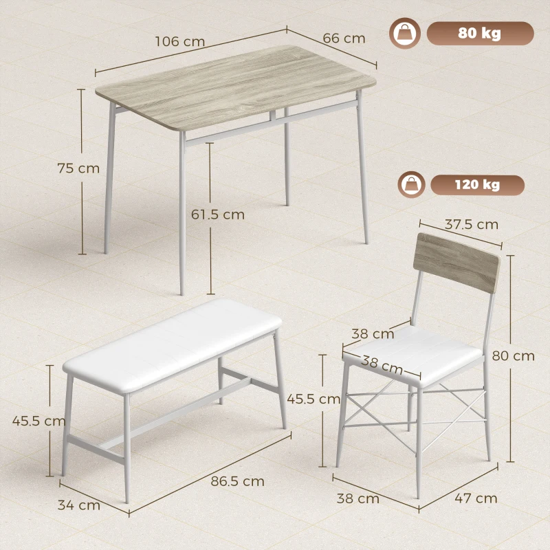 HOMCOM Set masă pentru sufragerie cu 2 scaune și banc, șezuturi căptușite, pentru living, spații mici, stejar și alb