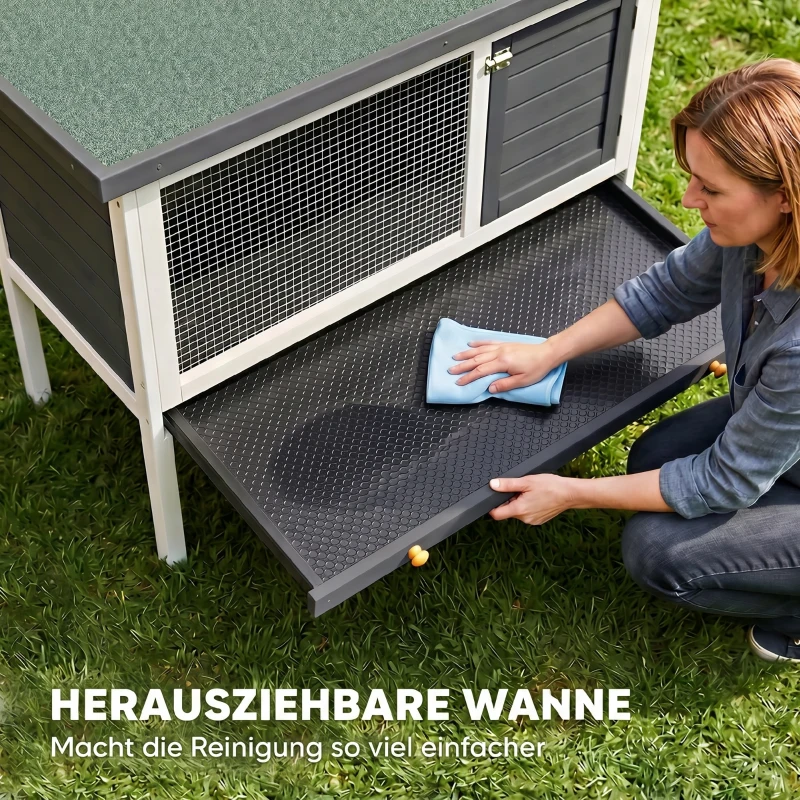 PawHut Hasenstall erhöhter Kaninchenstall aus Holz mit aufklappbar Bitumendach herausziehbarer Schublade 90x45x65 cm Grau