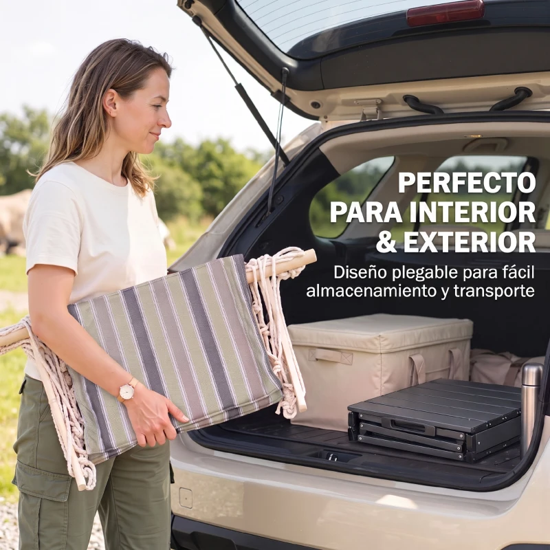 Outsunny Silla Colgante Estampado Rayas Hamaca con Cojín Reposacabezas para Interior Exterior 100x106 cm Carga Máx. 100 kg