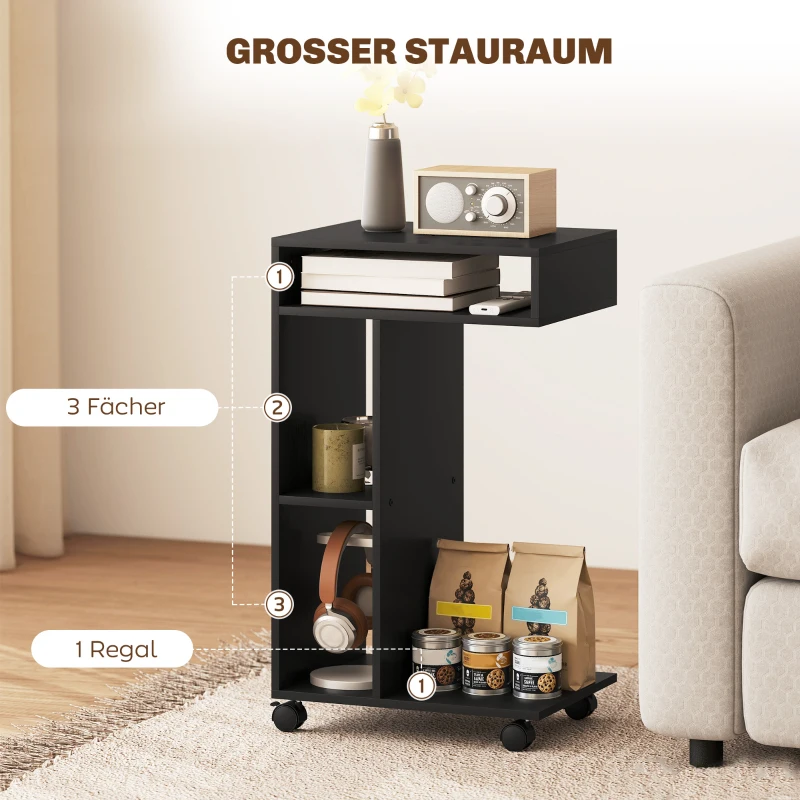 HOMCOM Beistelltisch, C-förmiger Servierwagen, 4 Rollen, 3 Fächer, 40 x 30 x 69 cm, Schwarz