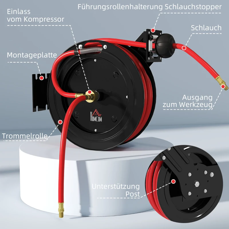 HOMCOM Wandmontierte Gartenschlauchrolle, automatisches Zurückziehen, 20 bar Wasserdruck, 15+1 m Wasserschlauch, Metall