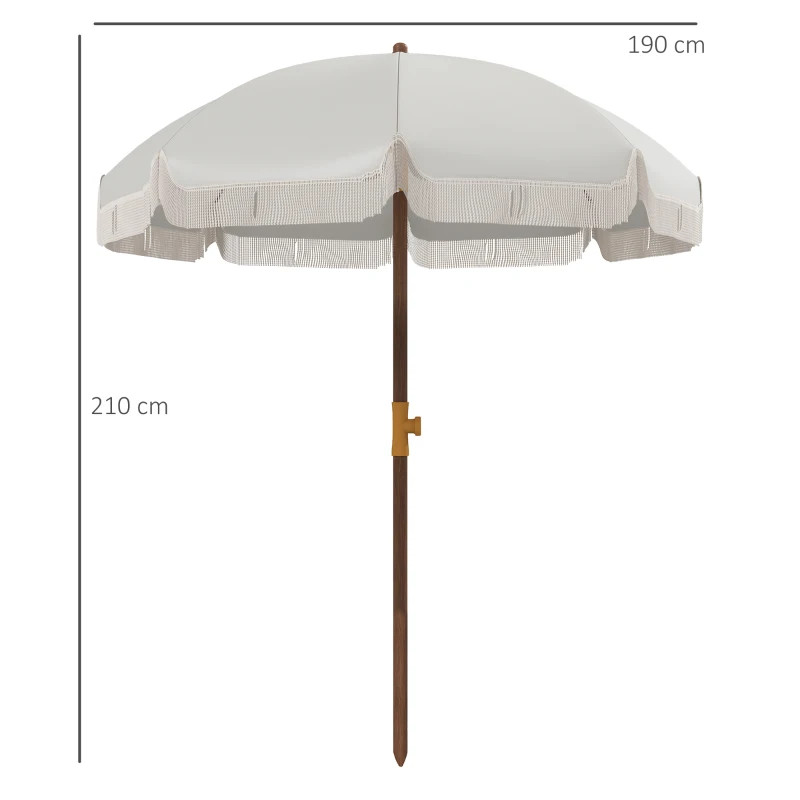 Outsunny Sombrilla de Playa con Flecos Ø190x210 cm con 8 Varillas Apertura Manual Anti-UV Impermeable y Bolsa de Transporte Gris